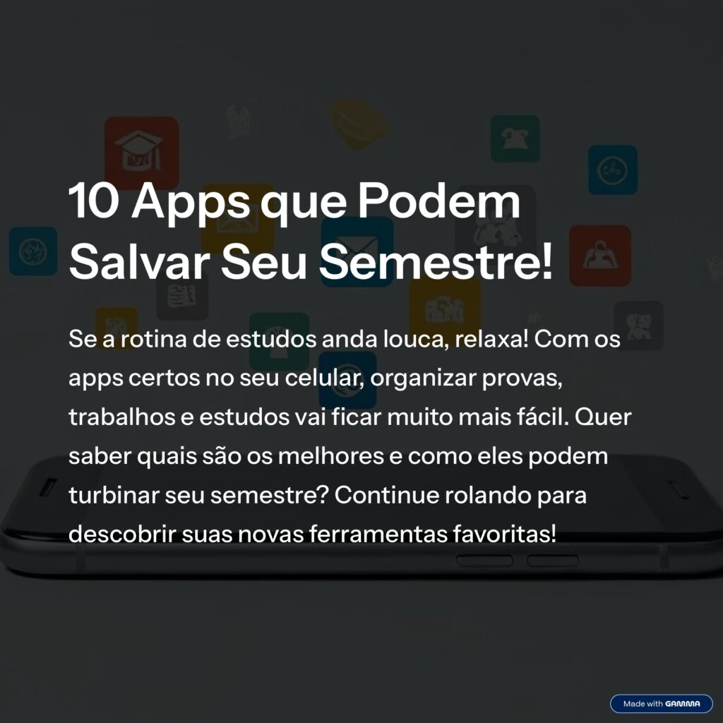 10 Aplicativos que Podem Salvar Seu Semestre! Se a rotina de estudos anda louca, relaxa! Com os apps certos no seu celular, organizar provas, trabalhos e estudos vai ficar muito mais fácil. Quer saber quais são os melhores e como eles podem turbinar seu semestre? Continue rolando para descobrir suas novas ferramentas favoritas