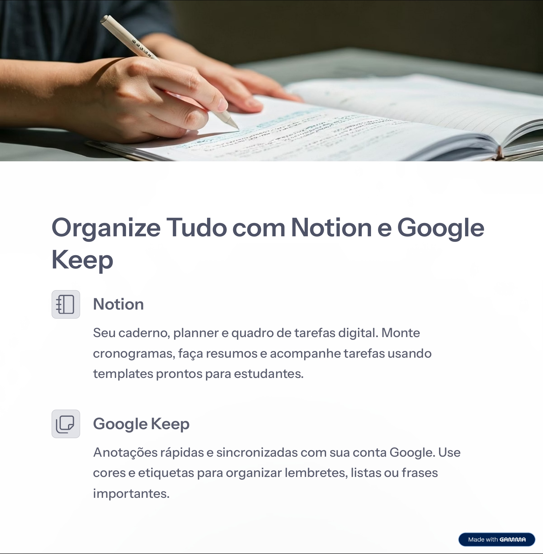 Organize Tudo com Notion e Google Keep. Notion: seu caderno, planner e quadro de tarefas digital. Monte cronogramas, faça resumos e acompanhe tarefas usando templates prontos para estudantes. Google Keep: anotações rápidas e sincronizadas com sua conta Google. Use cores e etiquetas para organizar lembretes, listas ou frases importantes.