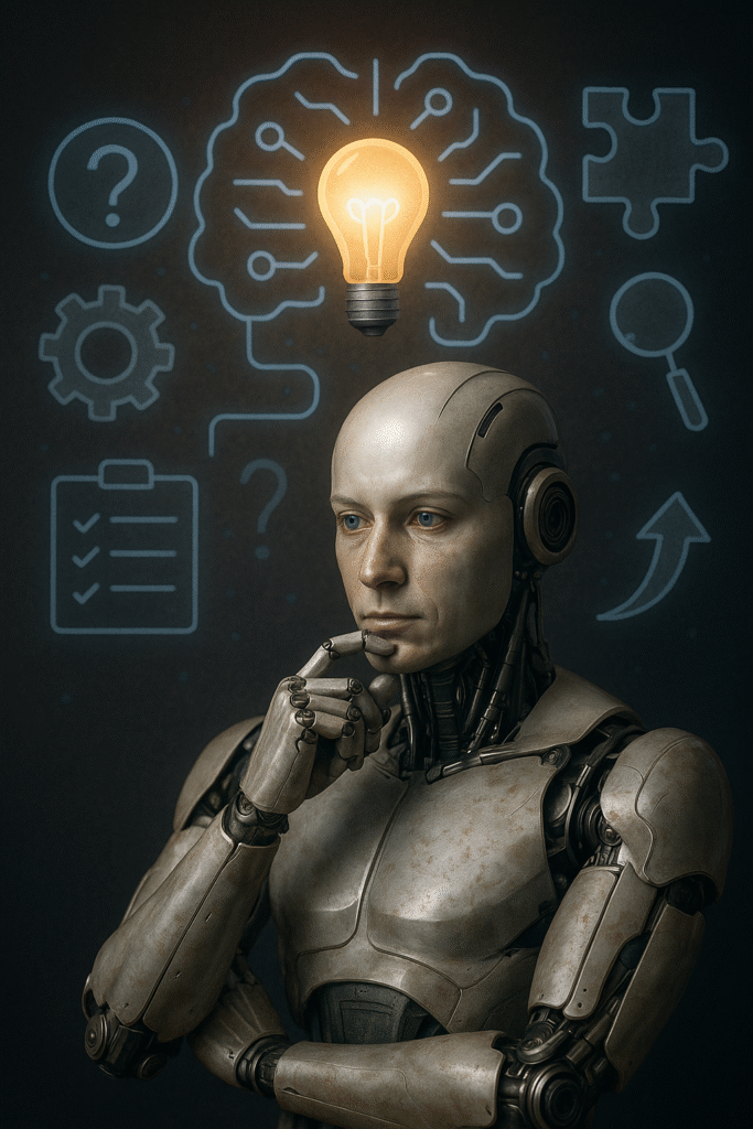 Representação realista de uma inteligência artificial resolvendo problemas, com expressão analítica e interface tecnológica futurista